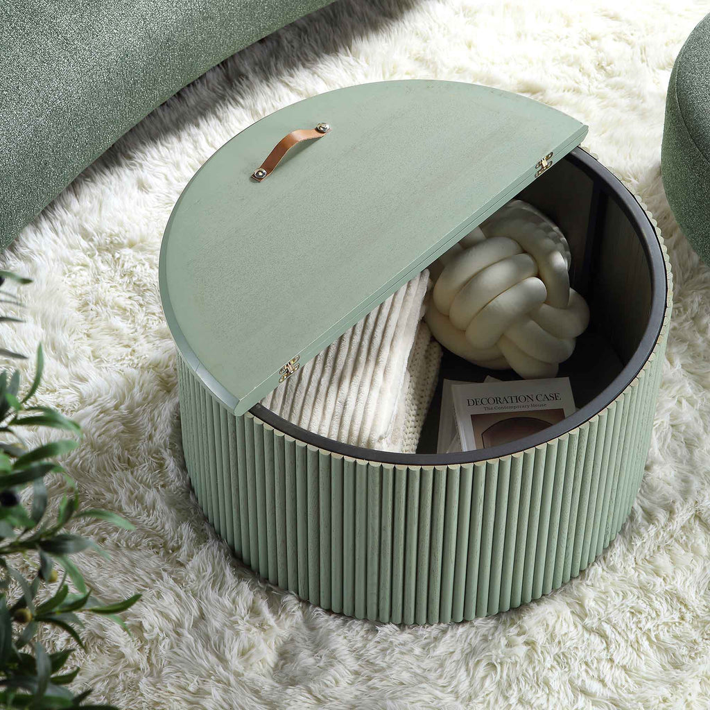 Maru Oak Round Coffee Table with Storage — Sage Green