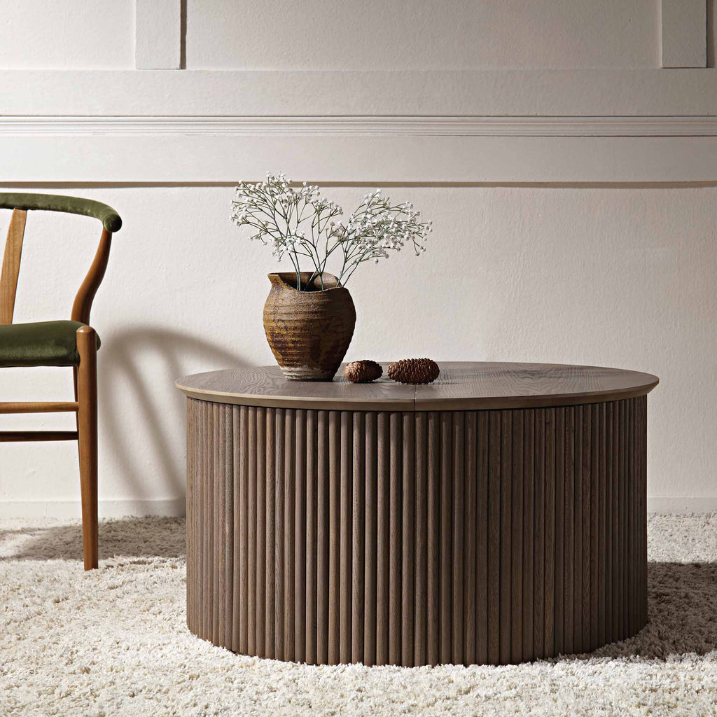Maru Oak Round Coffee Table with Storage — Silver Oak