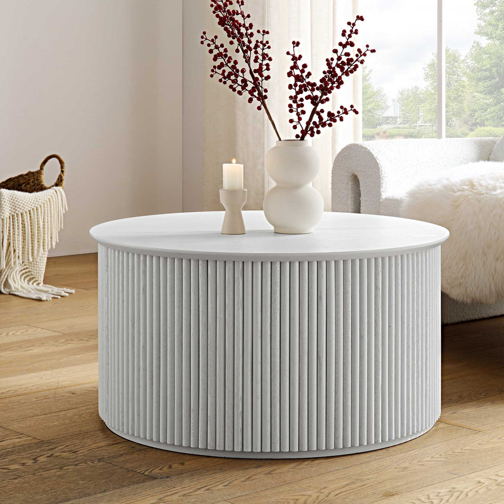 Maru Oak Round Coffee Table with Storage — Washed White