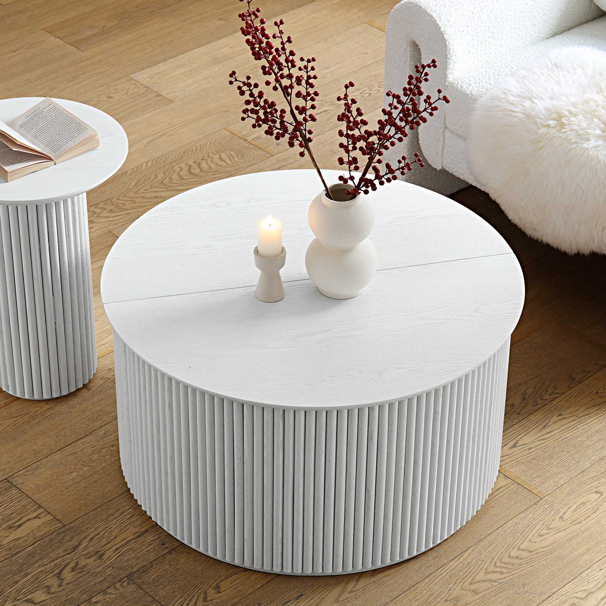 Maru Oak Round Coffee Table with Storage — Washed White