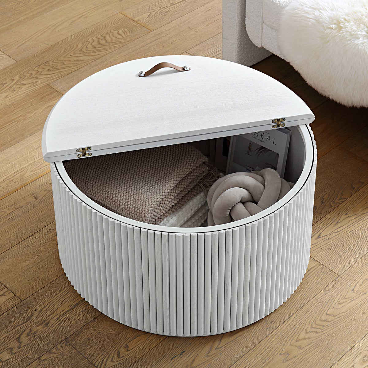 Maru Oak Round Coffee Table with Storage — Washed White