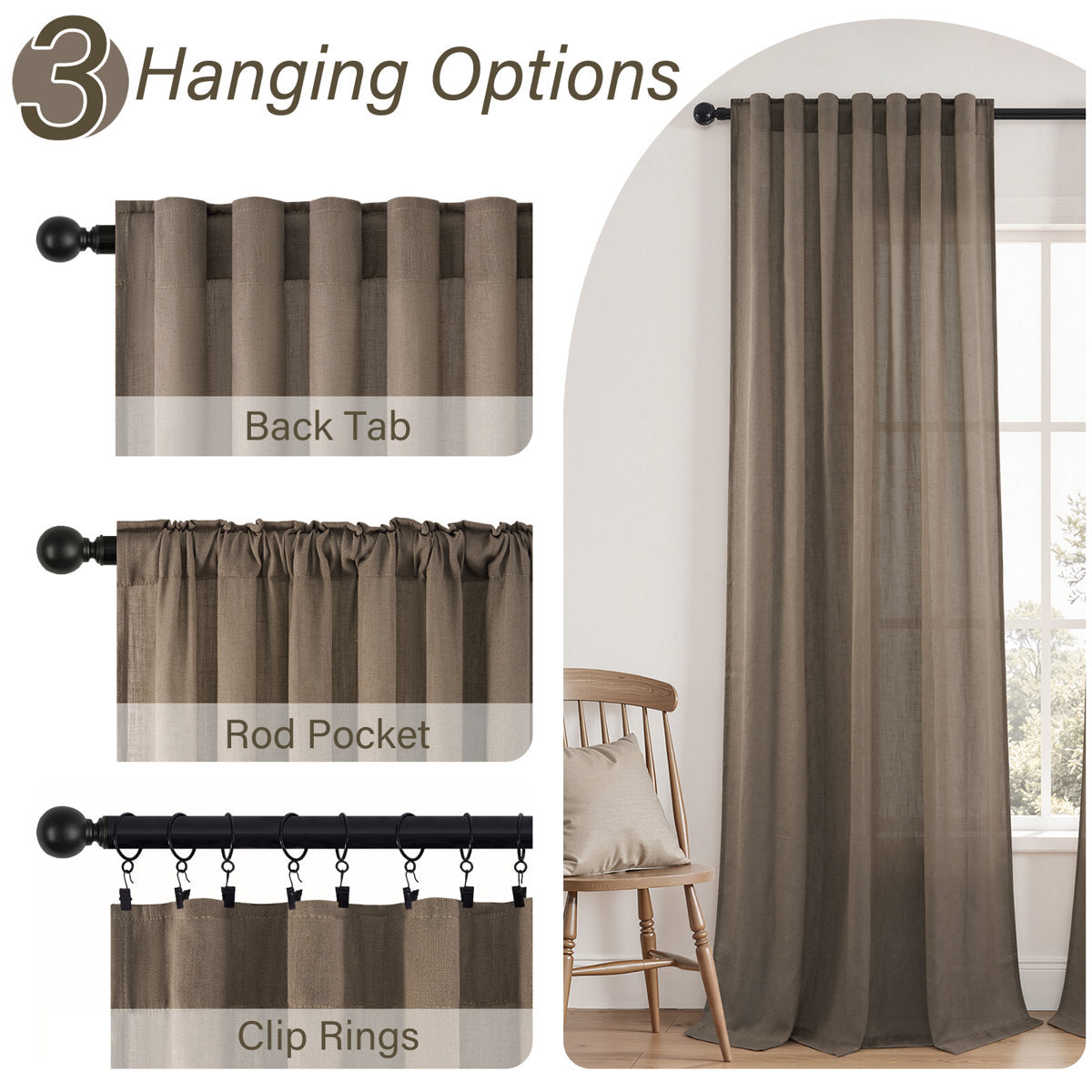 Elara Faux Linen Semi-Sheer Curtains, Set of 2
