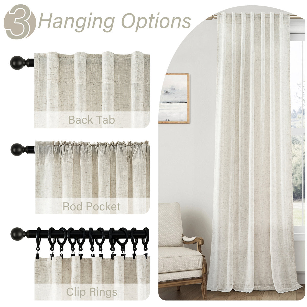 Elara Faux Linen Semi-Sheer Curtains, Set of 2