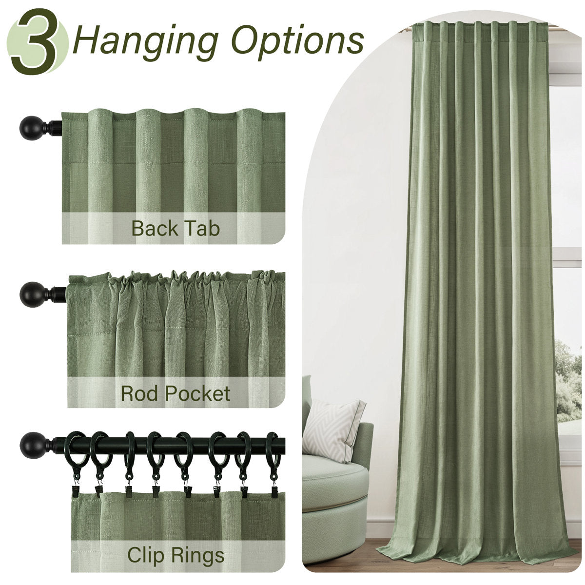 Elara Faux Linen Semi-Sheer Curtains, Set of 2