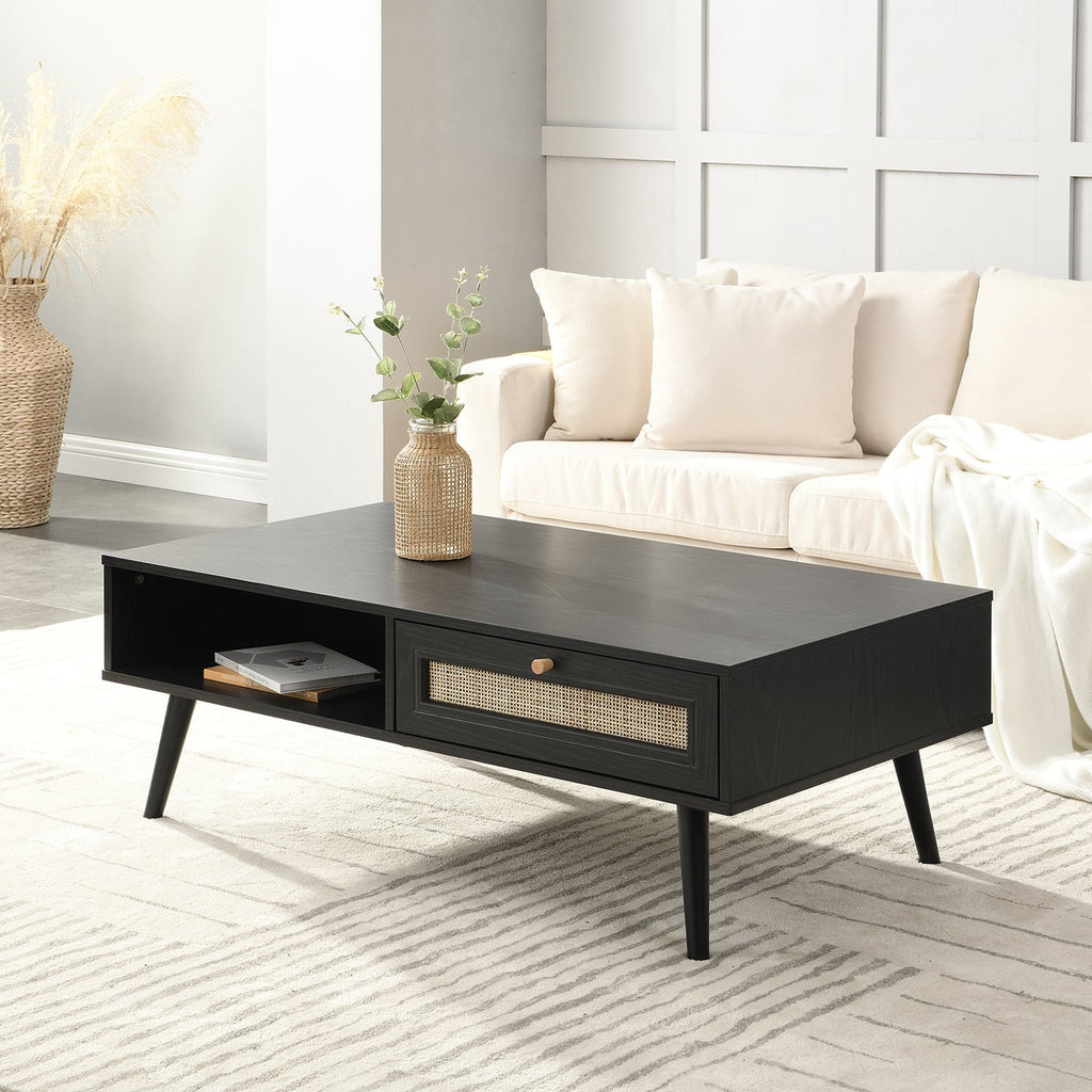 Frances Woven Rattan Wooden Coffee Table — Black