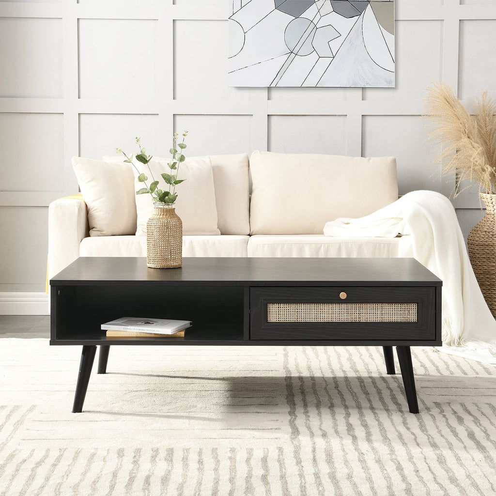 Frances Woven Rattan Wooden Coffee Table — Black
