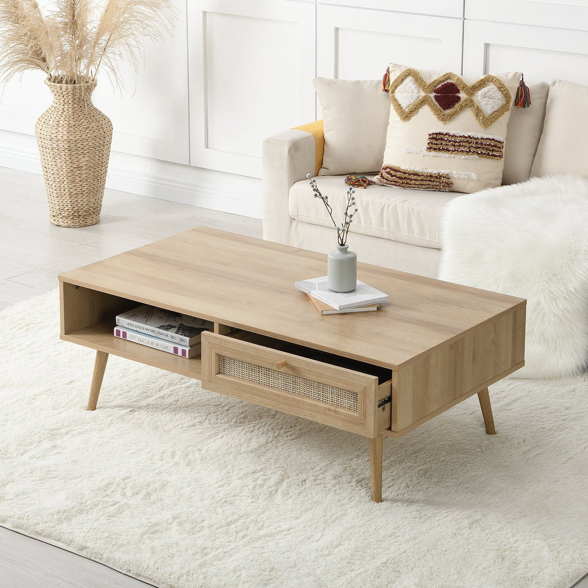 Frances Woven Rattan Wooden Coffee Table — Natural