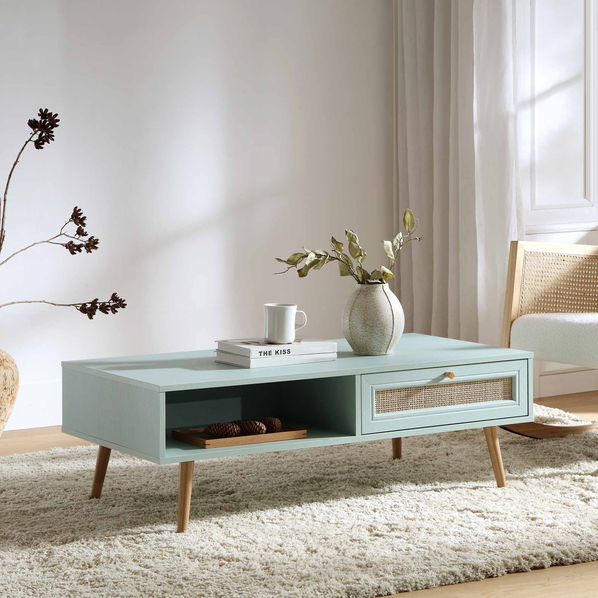 Frances Woven Rattan Wooden Coffee Table — Mint
