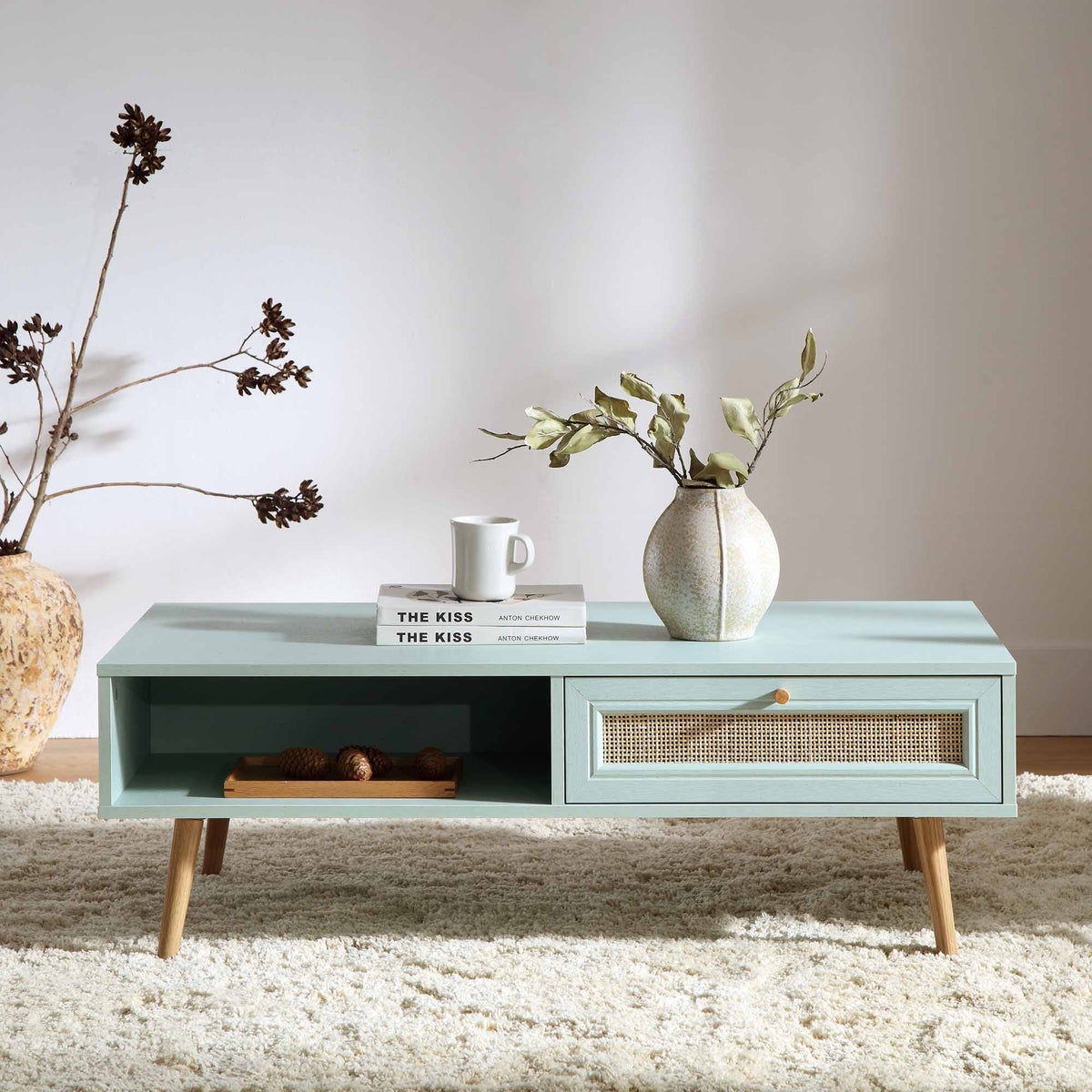 Frances Woven Rattan Wooden Coffee Table — Mint