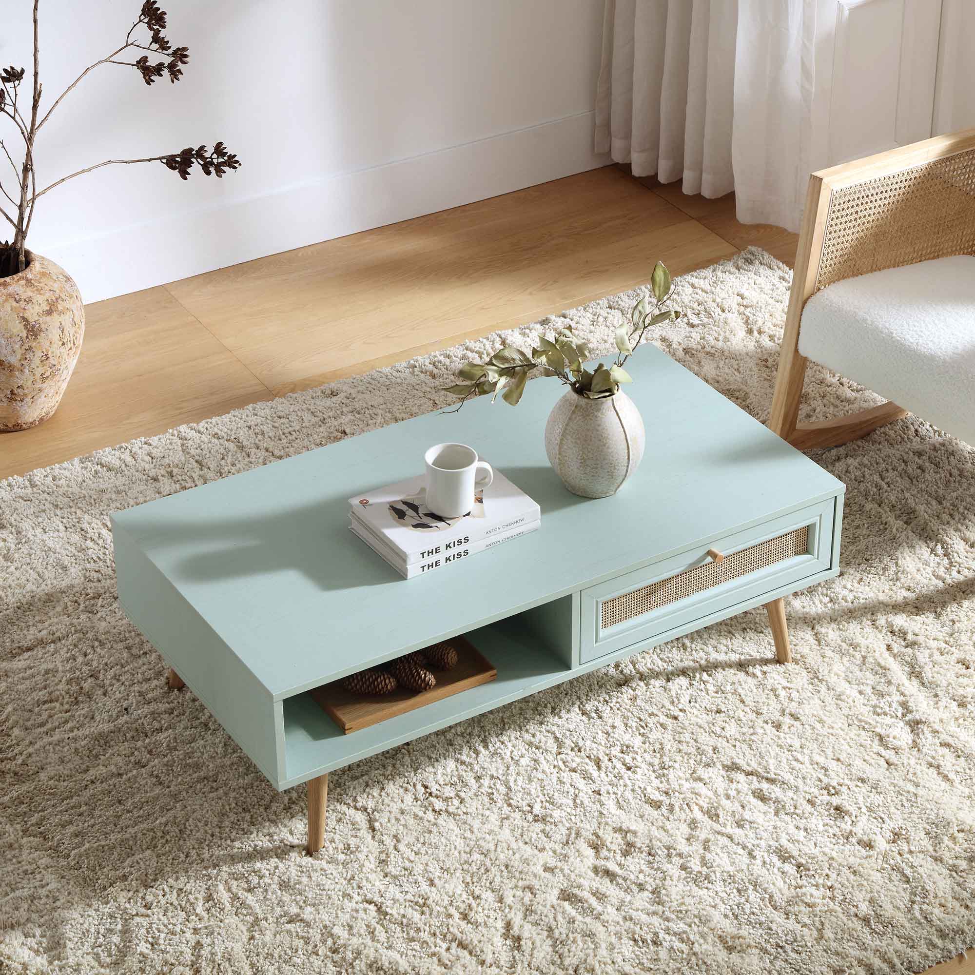 Frances Woven Rattan Wooden Coffee Table — Mint