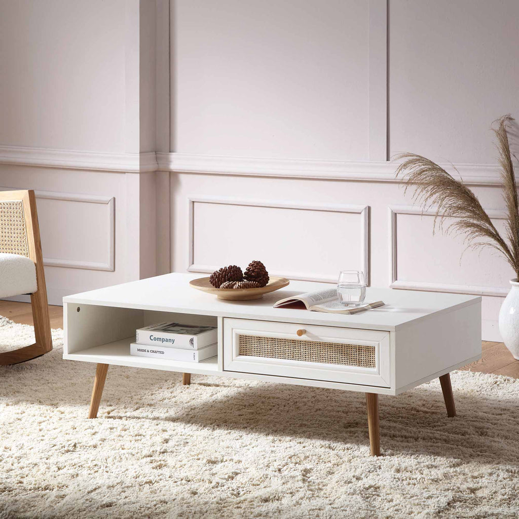 Frances Woven Rattan Wooden Coffee Table — White