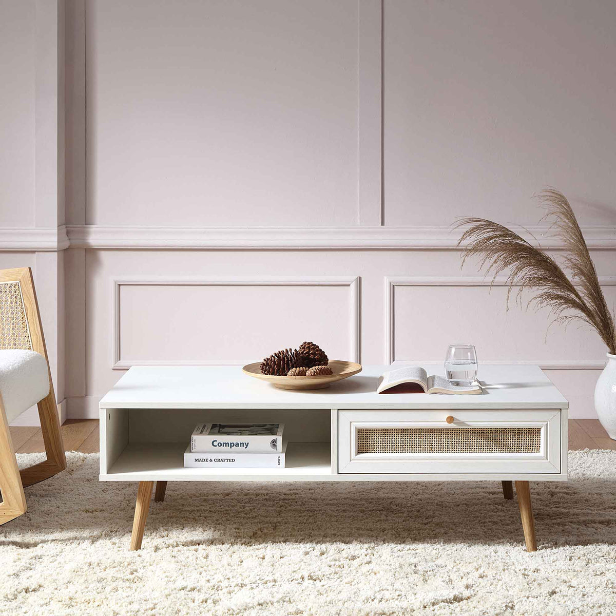 Frances Woven Rattan Wooden Coffee Table — White