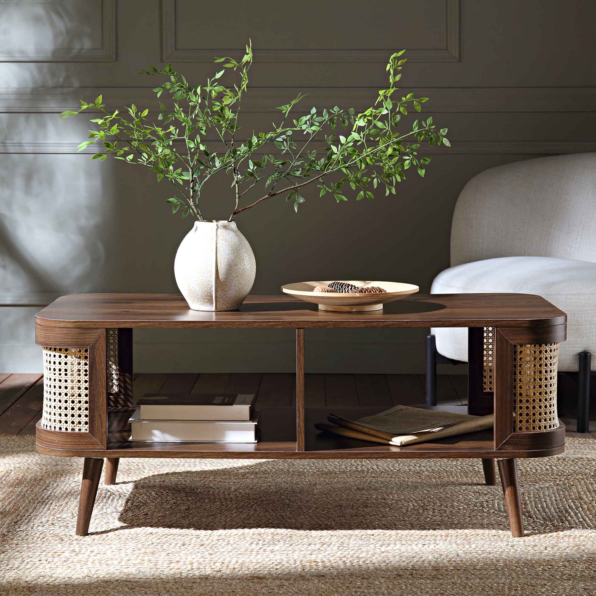 Izzy Curved Rattan Coffee Table — Walnut