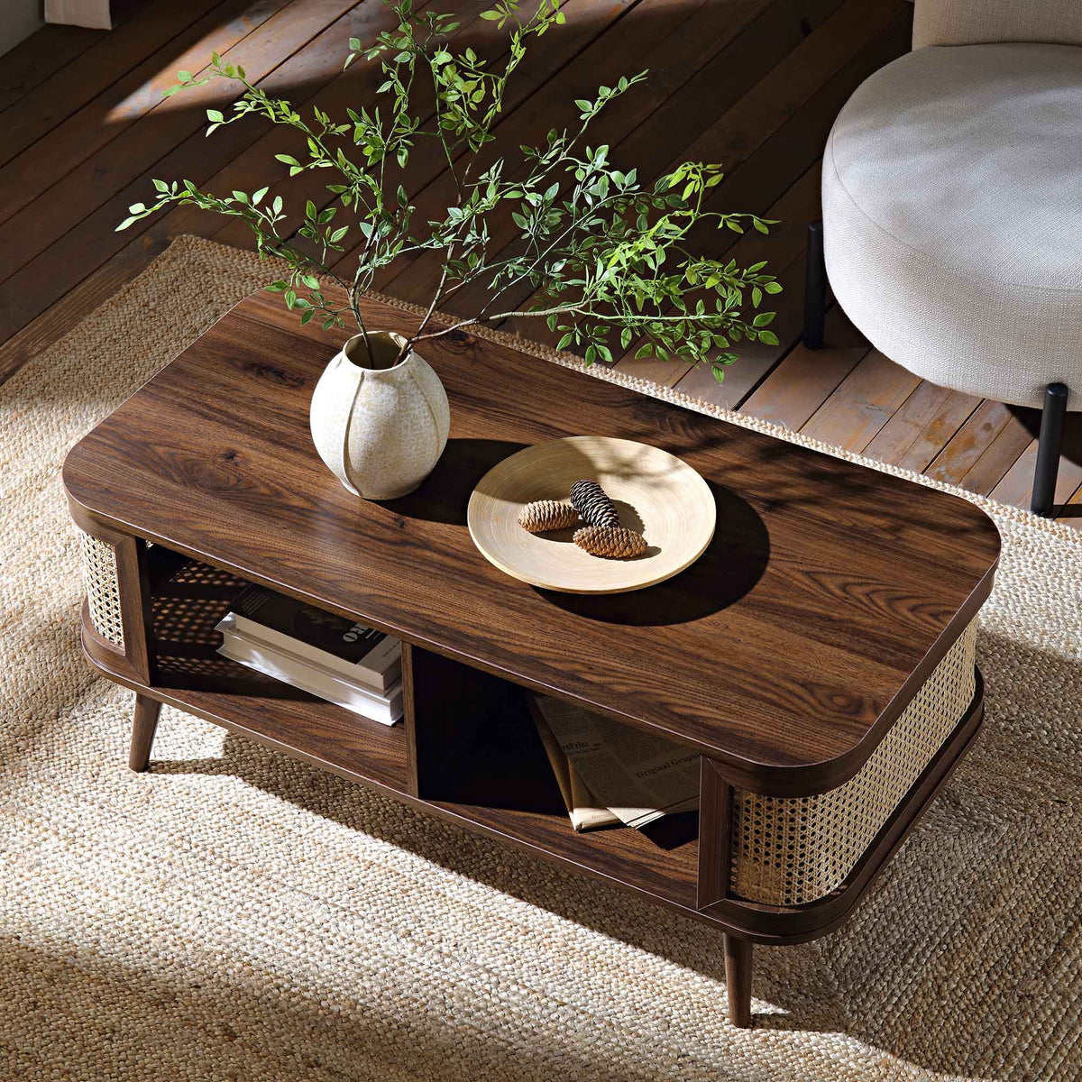 Izzy Curved Rattan Coffee Table — Walnut