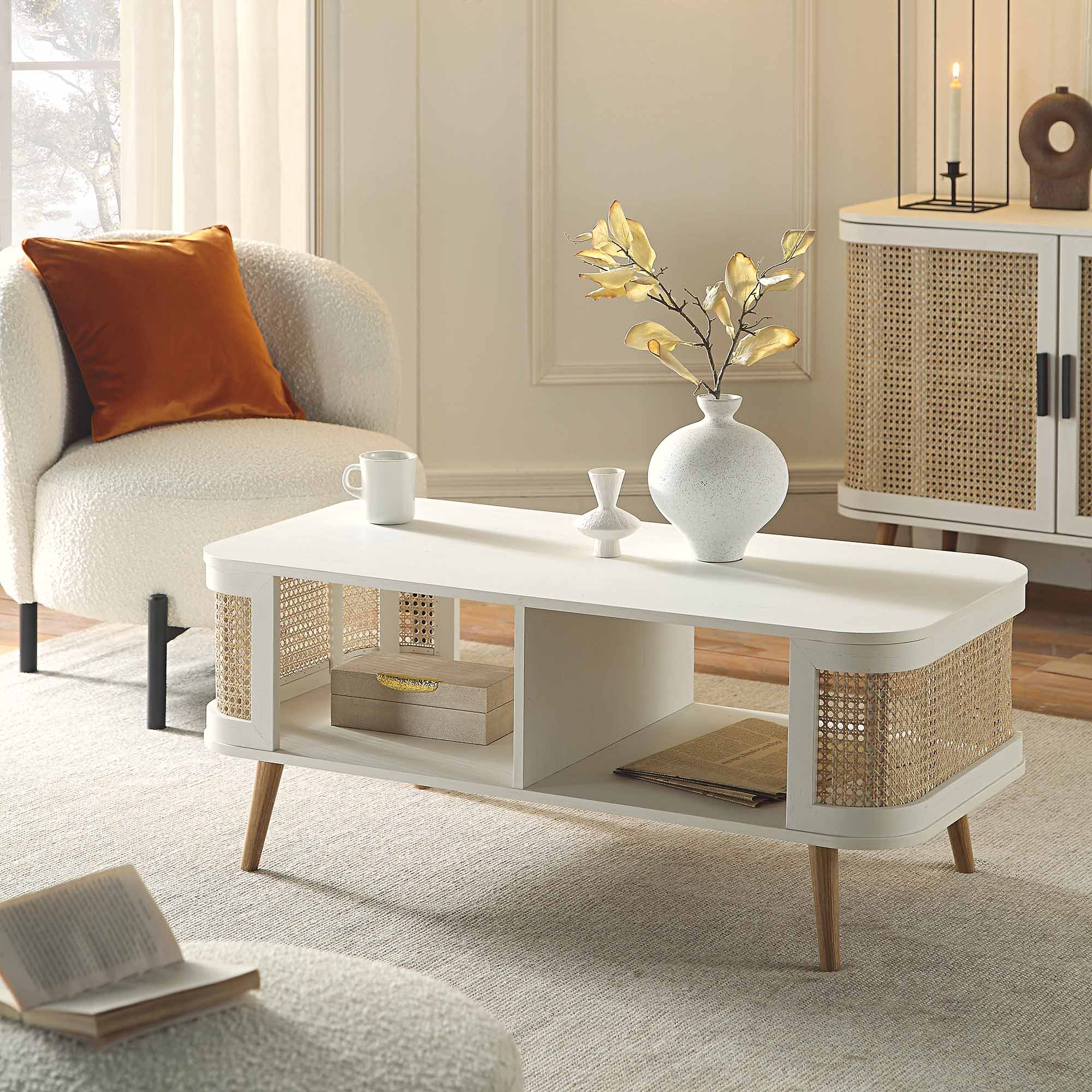 Izzy Curved Rattan Coffee Table — White