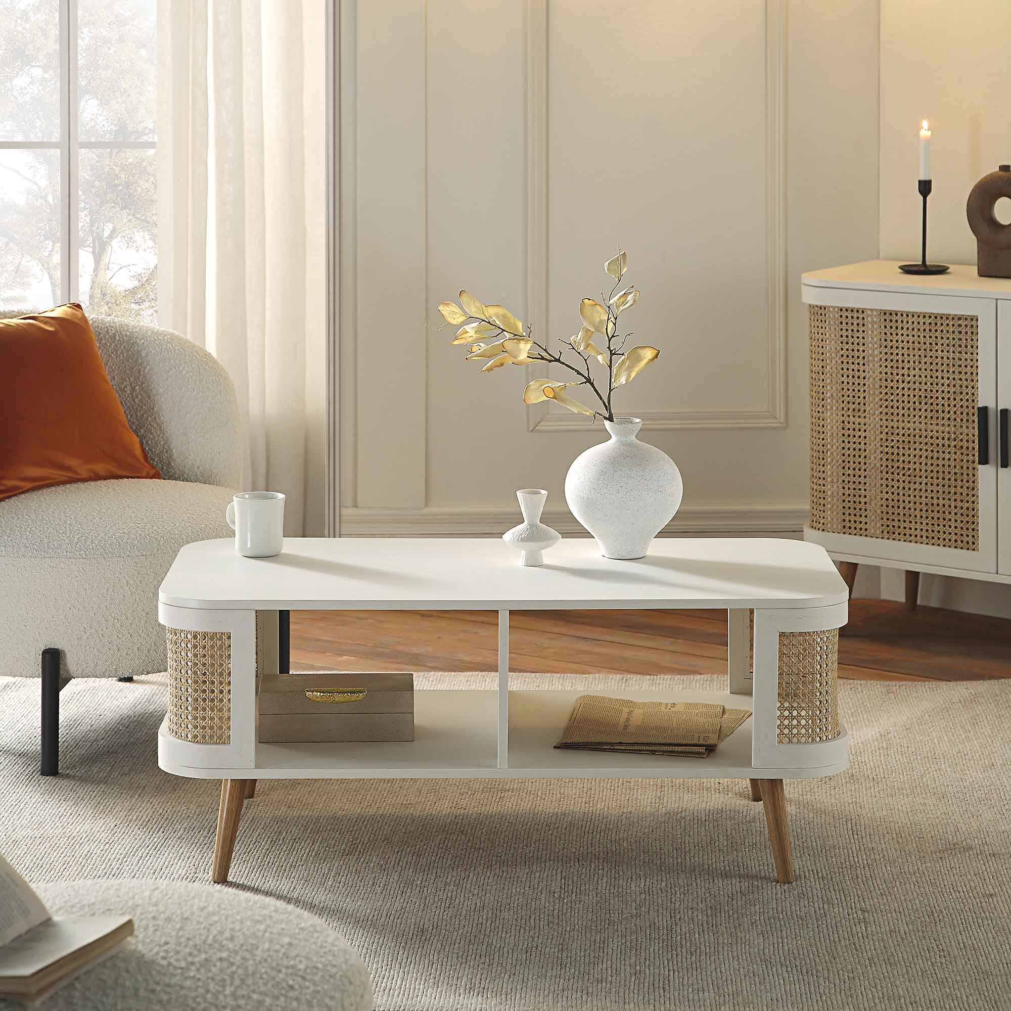 Izzy Curved Rattan Coffee Table — White