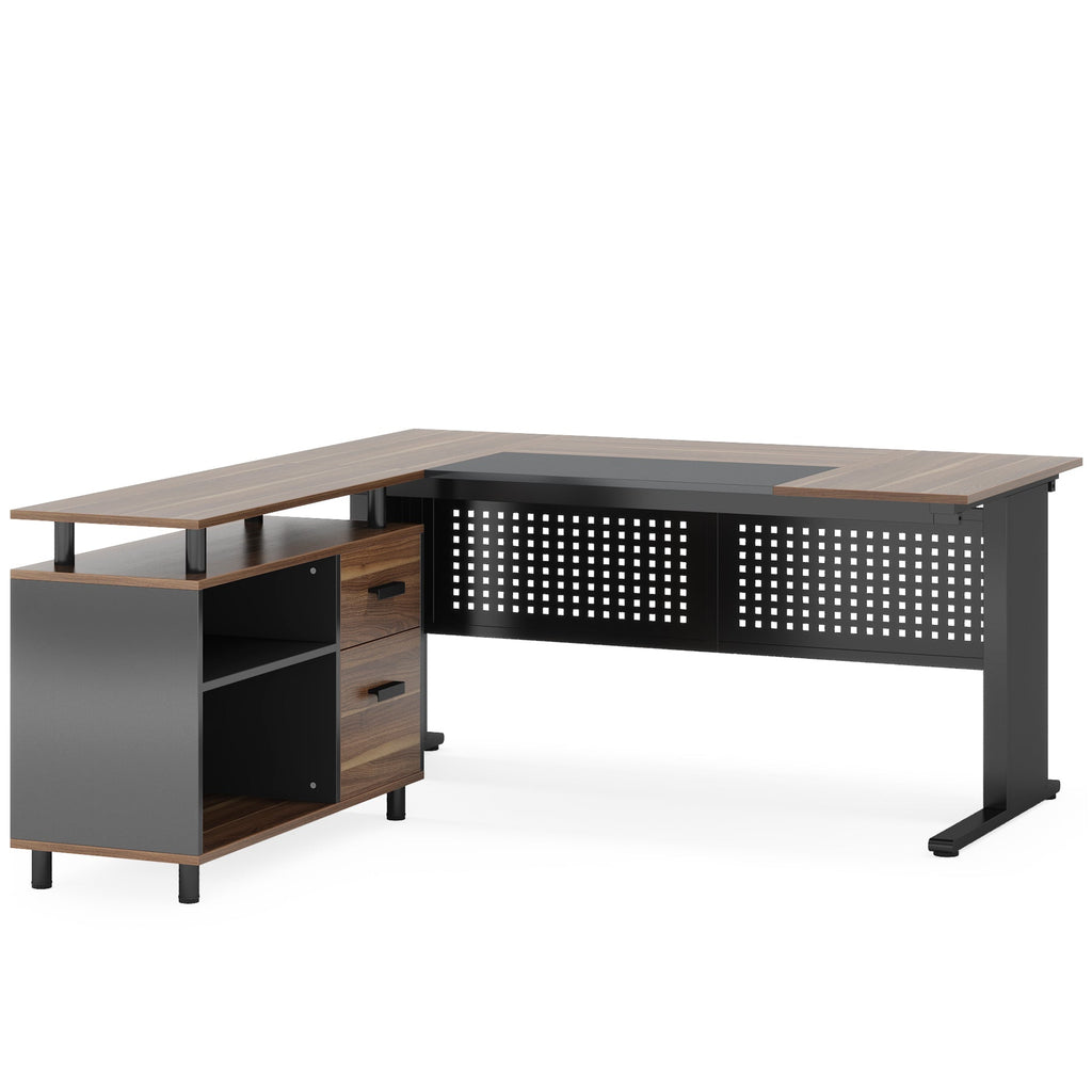 Industrial L-Shaped Desk with File Cabinet