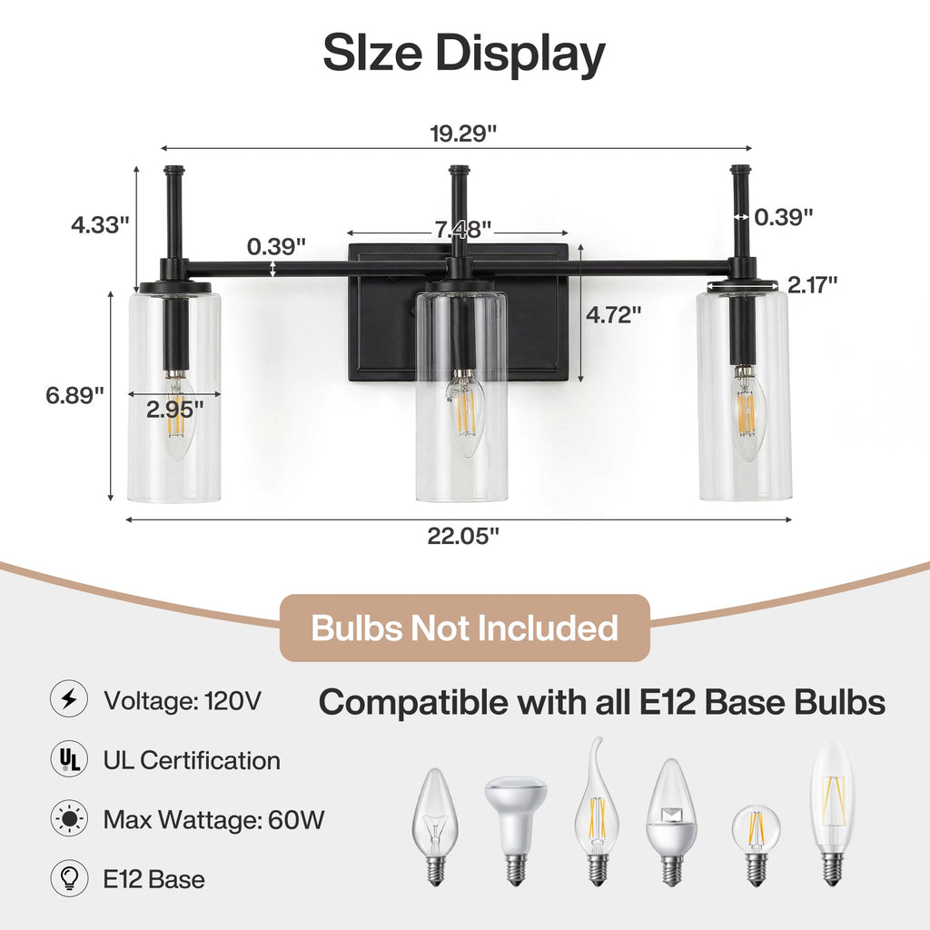 3-Light Vanity Light Fixture, Modern Bathroom Wall Sconce with Clear Glass Shades