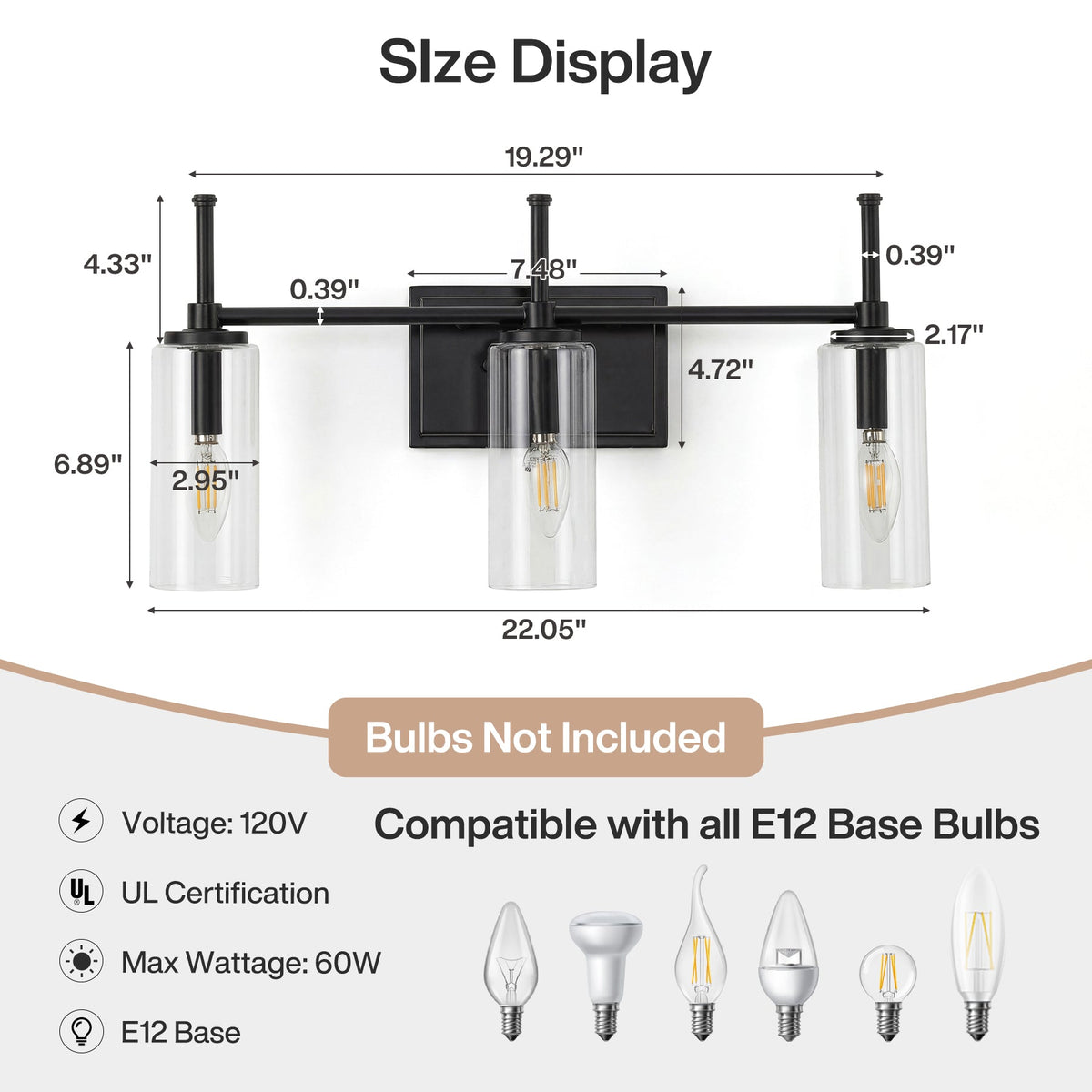 3-Light Vanity Light Fixture, Modern Bathroom Wall Sconce with Clear Glass Shades