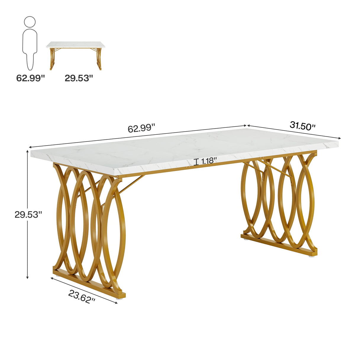 63" White & Gold Faux Marble Meeting Desk