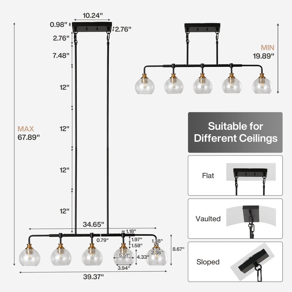 5-Light Pendant Lights, Kitchen Island Chandelier with Clear Crackle Glass Shades & Adjustable Height