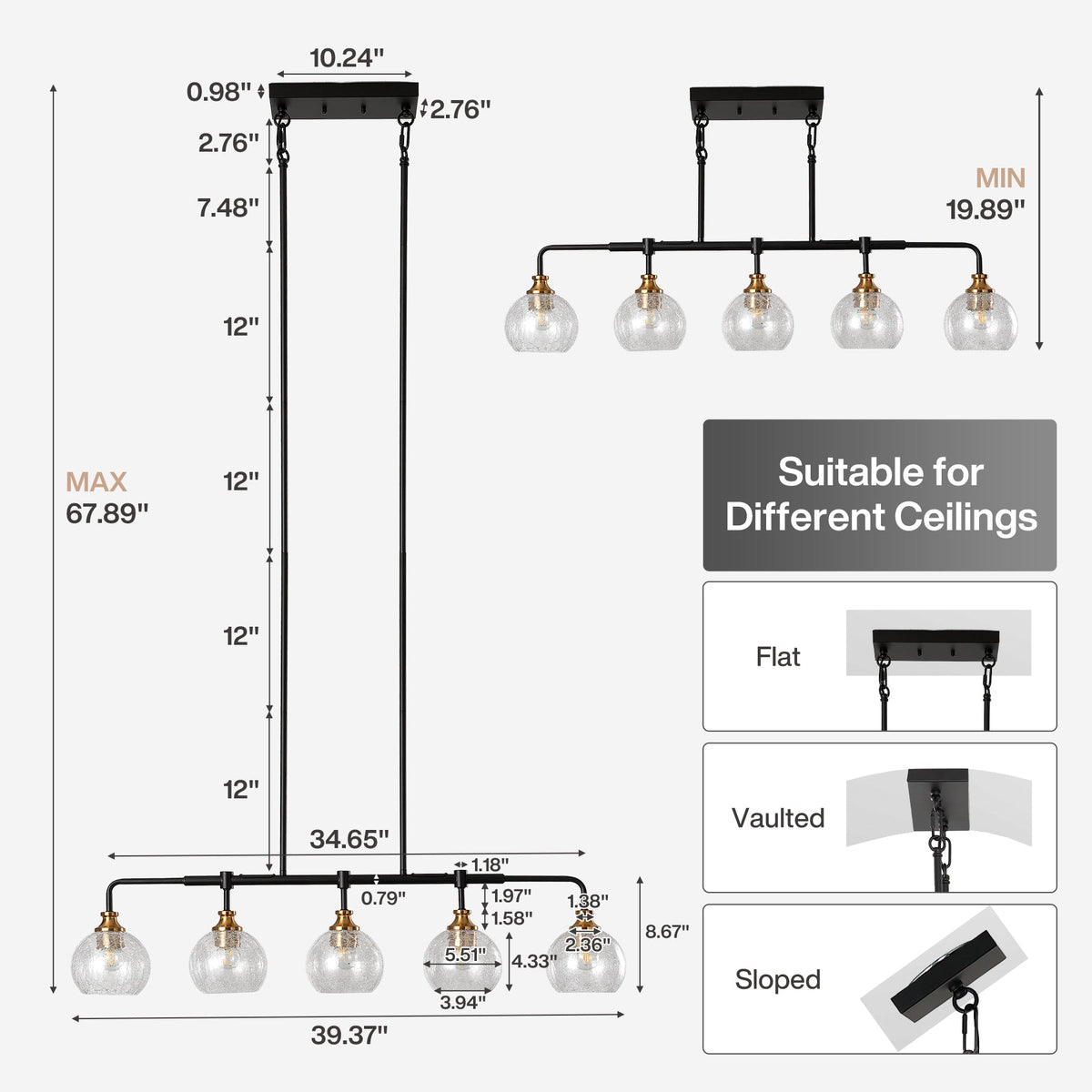 5-Light Pendant Lights, Kitchen Island Chandelier with Clear Crackle Glass Shades & Adjustable Height