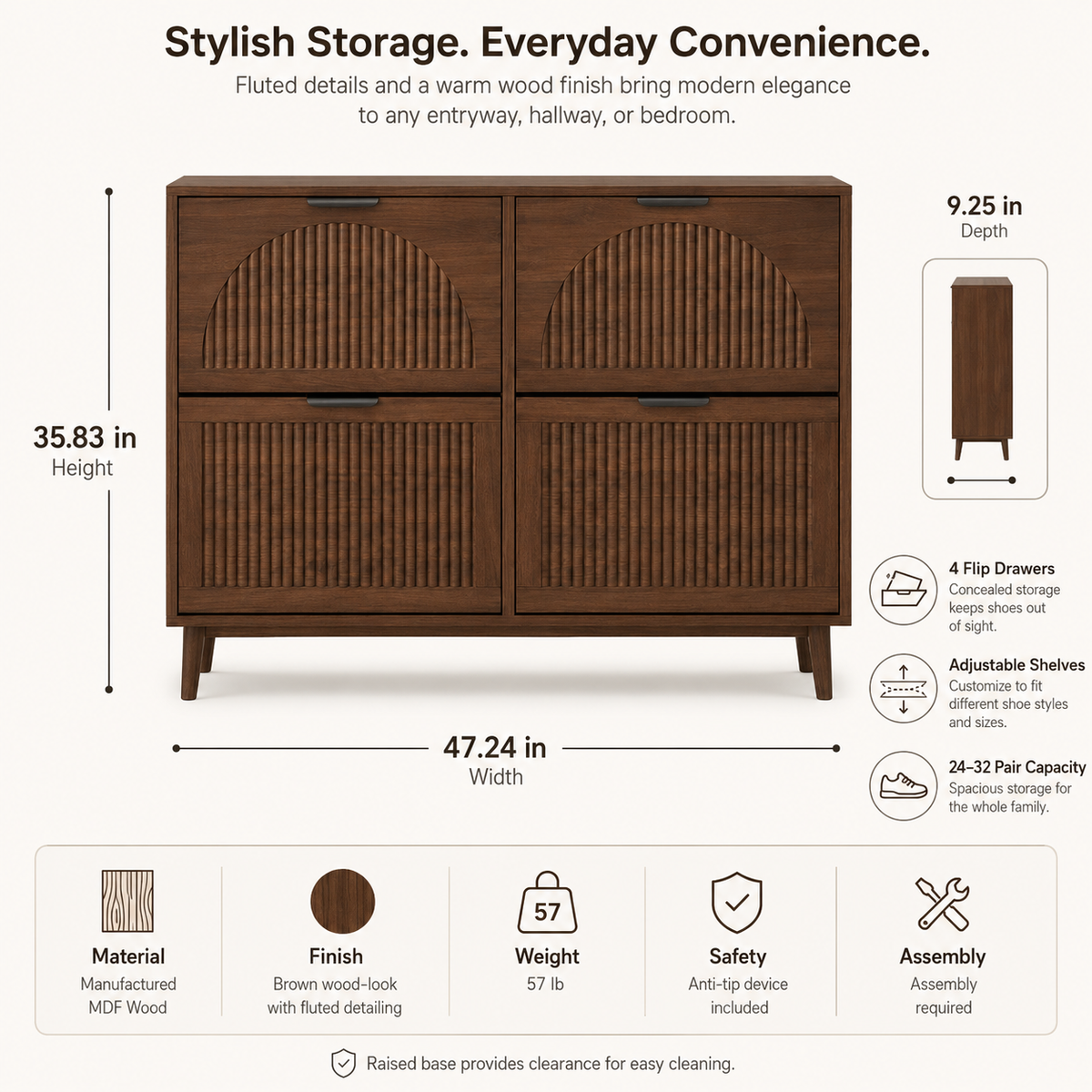 Fluted 32-Pair Shoe Storage Cabinet with 4 Flip Drawers