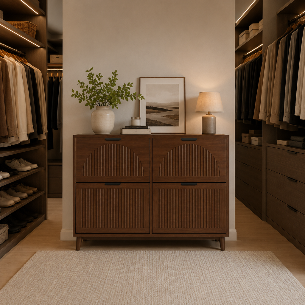 Fluted 32-Pair Shoe Storage Cabinet with 4 Flip Drawers