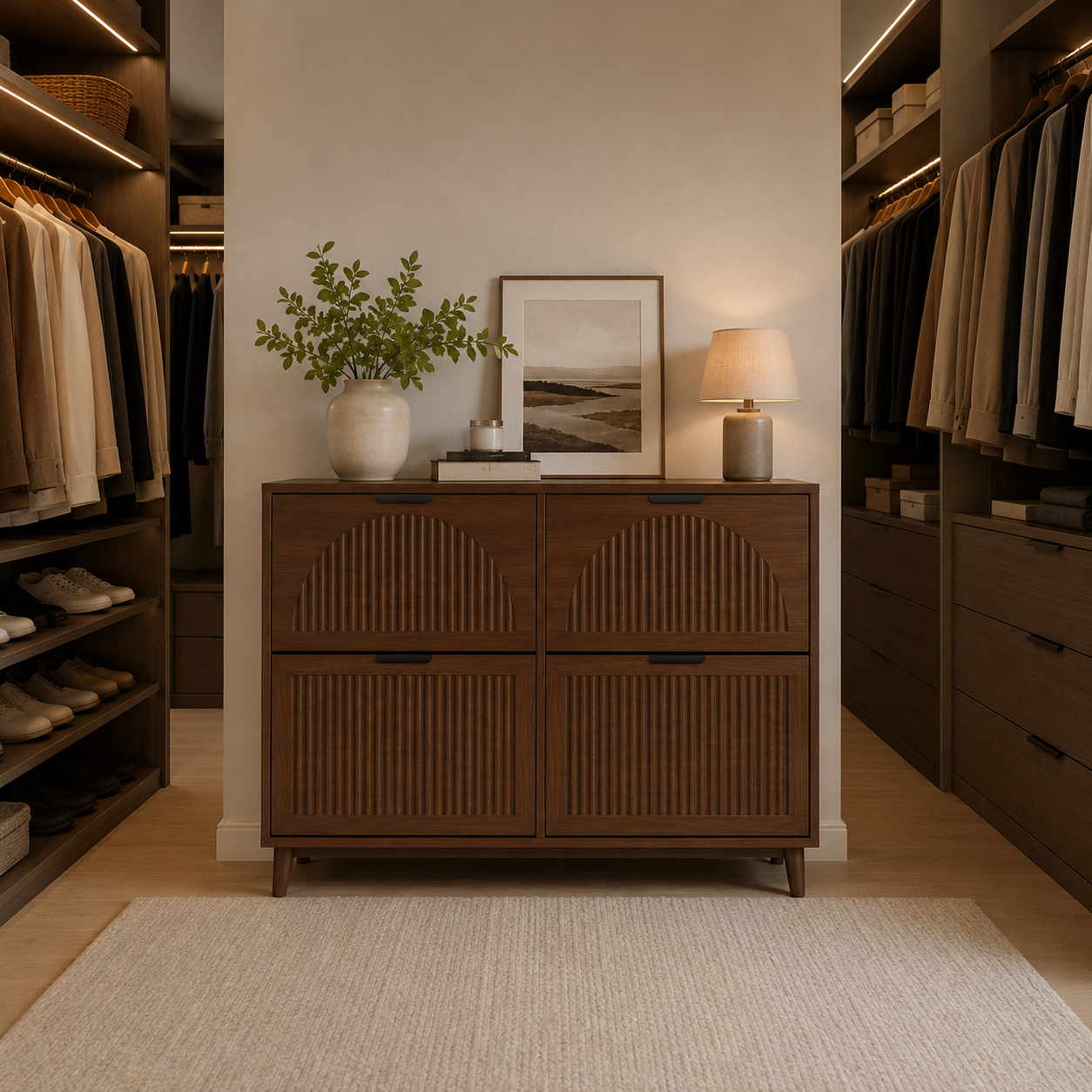 Fluted 32-Pair Shoe Storage Cabinet with 4 Flip Drawers