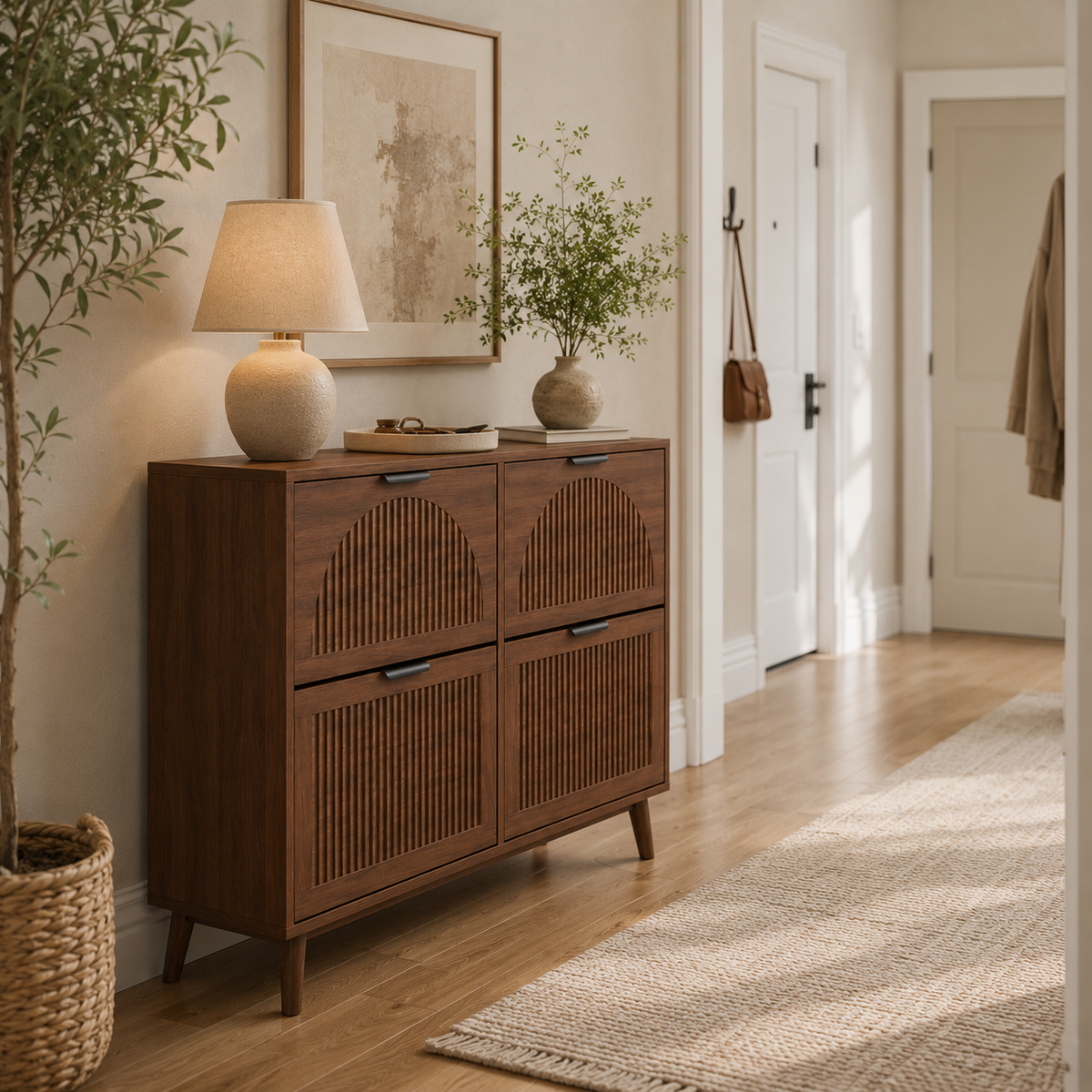 Fluted 32-Pair Shoe Storage Cabinet with 4 Flip Drawers