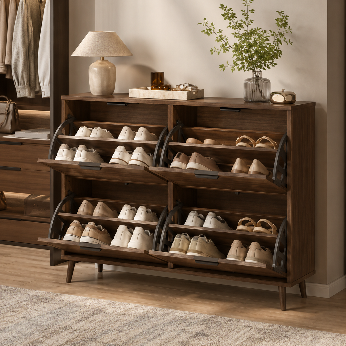 Fluted 32-Pair Shoe Storage Cabinet with 4 Flip Drawers