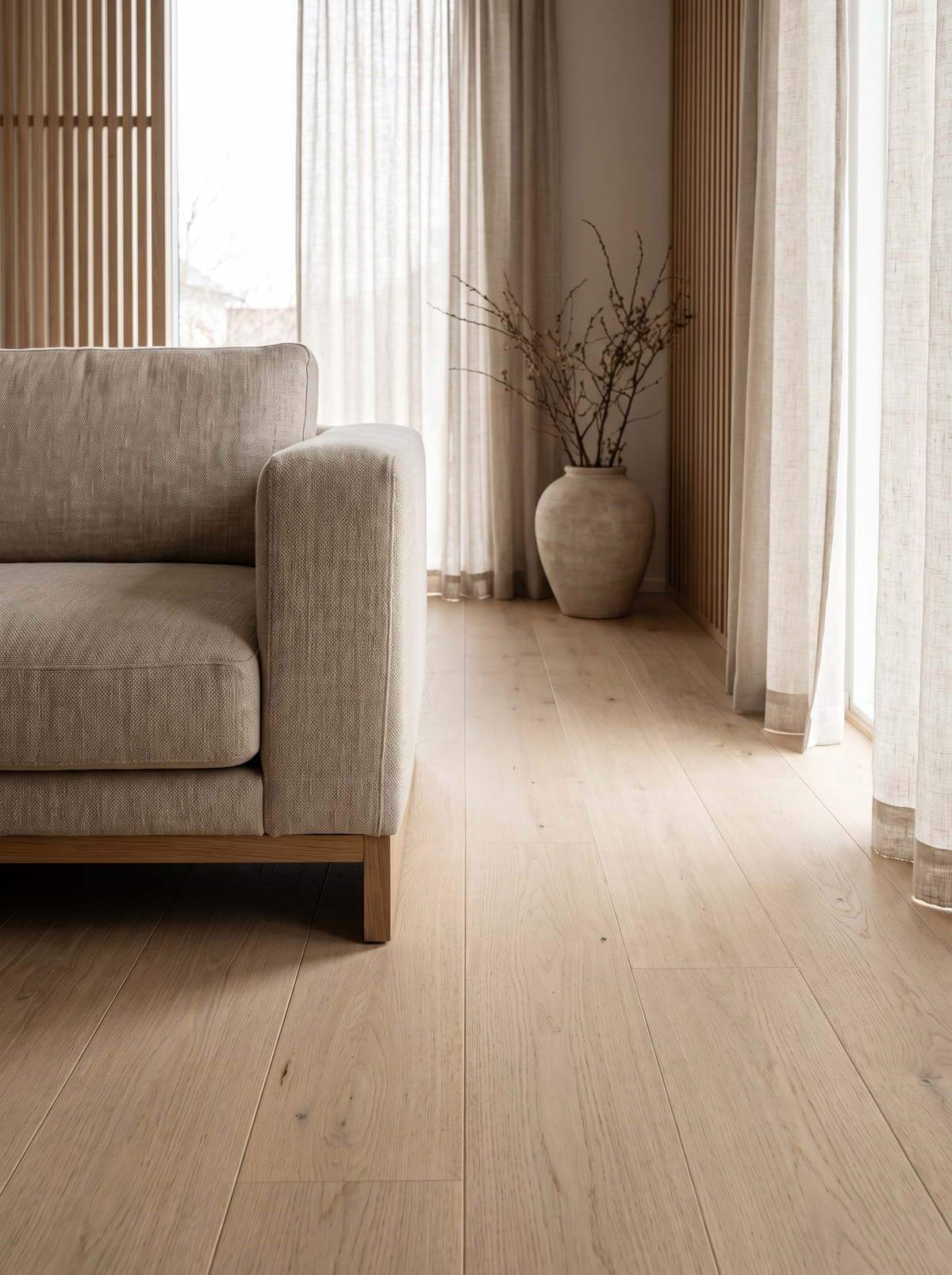 Ravellora Oak Pedestal Coffee Table empty living room before