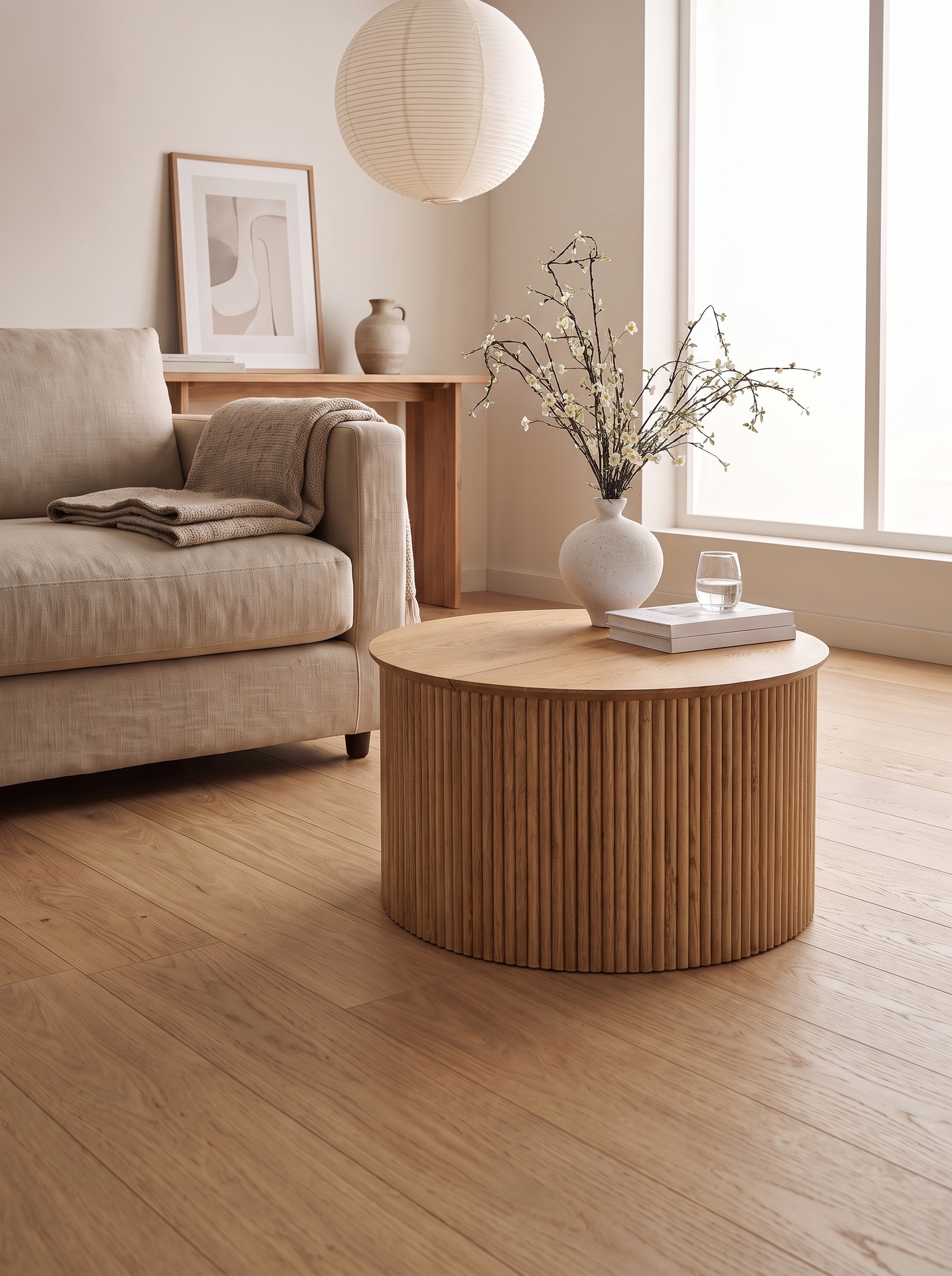 Ravellora Oak Round Storage Coffee Table living room after
