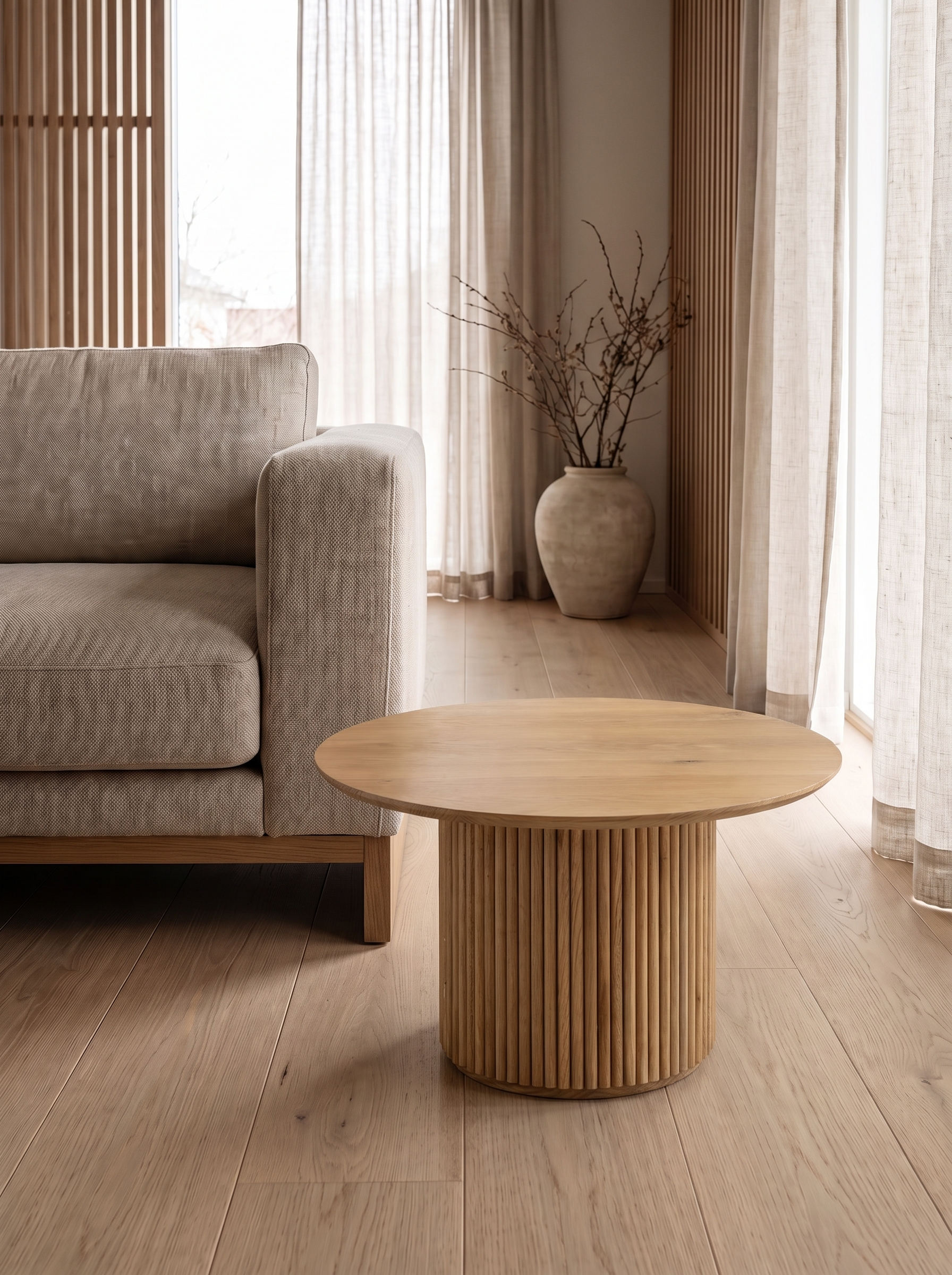 Ravellora Oak Pedestal Coffee Table living room after