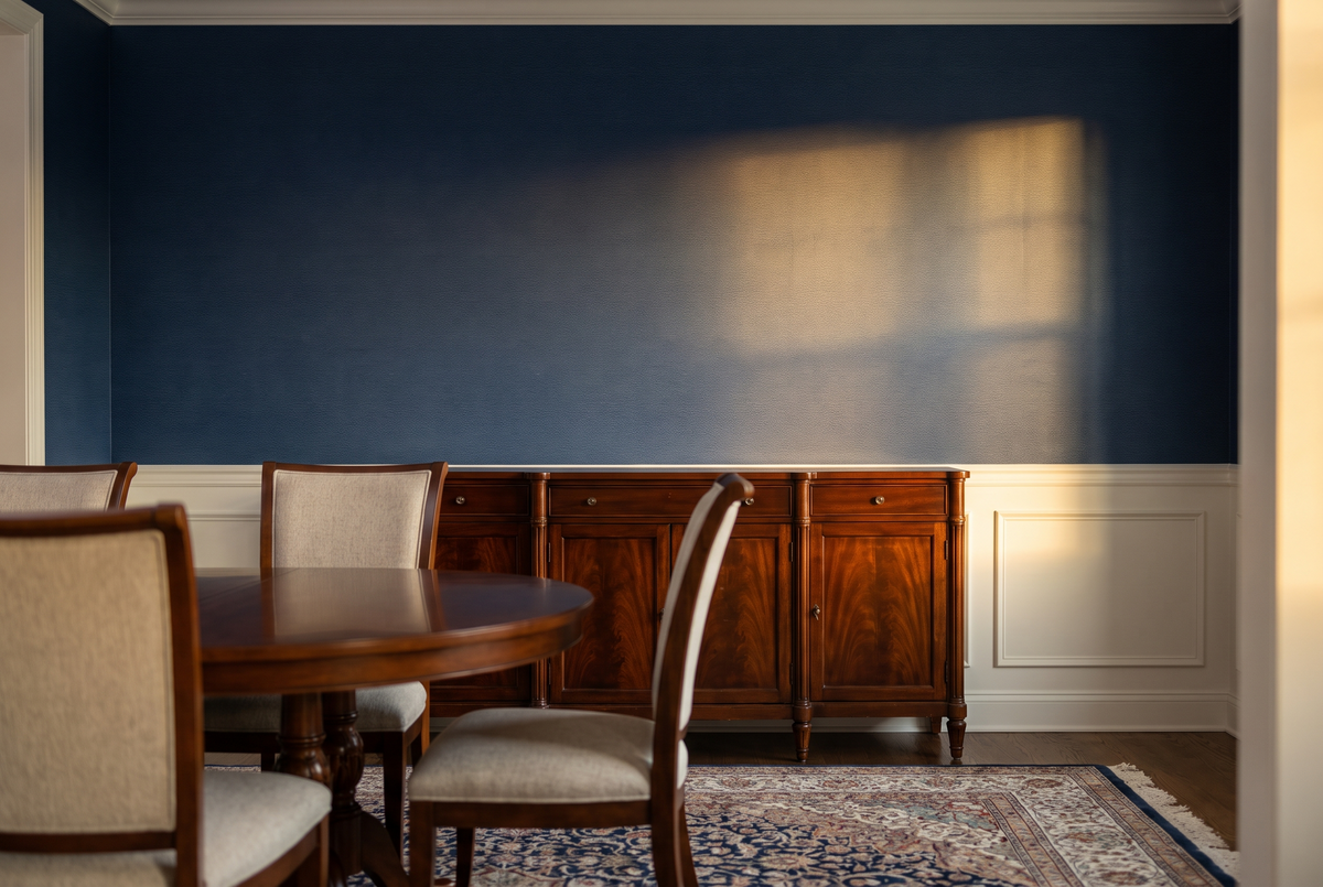 Ginkgo Navy Leaf Wall Art before, empty wall scene