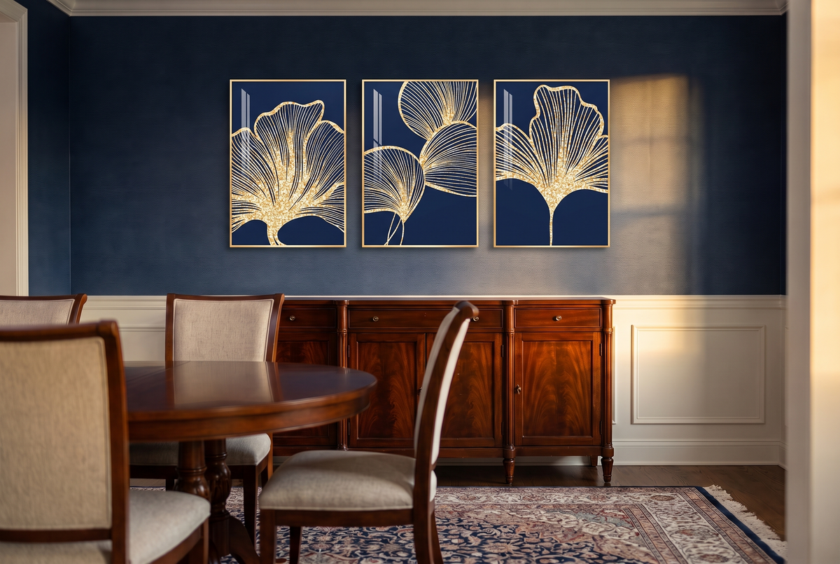 Ginkgo Navy Leaf Wall Art after, wall art installed