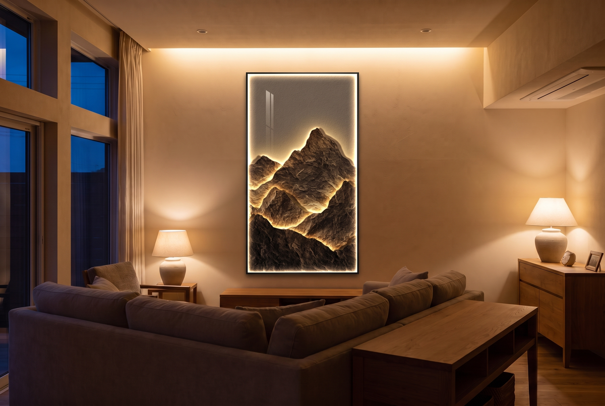 Summit LED Mountain Wall Art after, wall art installed