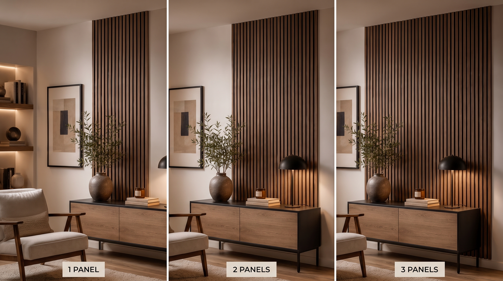 Comparison of 1, 2, and 3 Ravellora acoustic wood slat wall panels installed on a wall