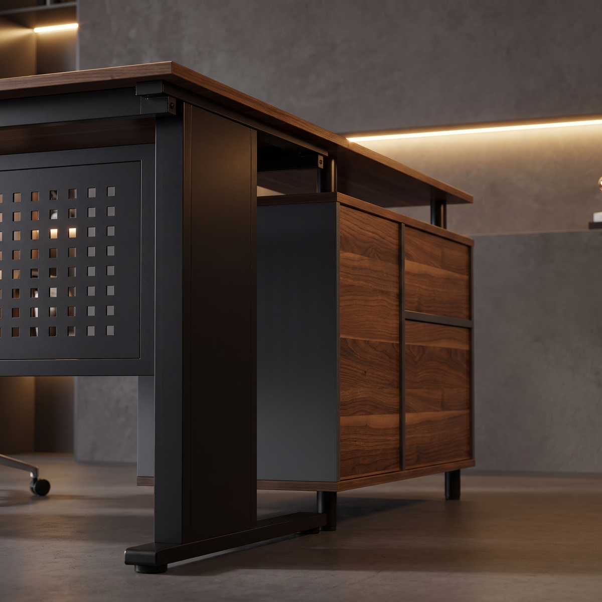 Industrial L-Shaped Desk with File Cabinet - ultra luxury detail