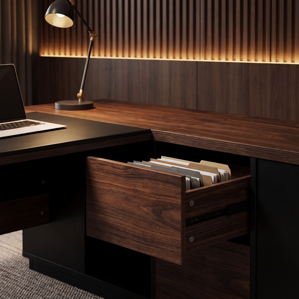 78 inch L-Shaped Executive Desk with File Cabinet - ultra luxury detail