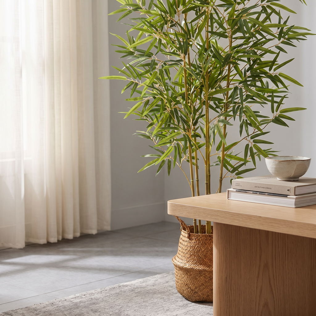 Artificial Bamboo Tree in Wicker Basket luxury lifestyle detail vignette