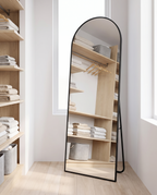 Arched Metal Full-Length Mirror, black stand, standing in bright walk in closet