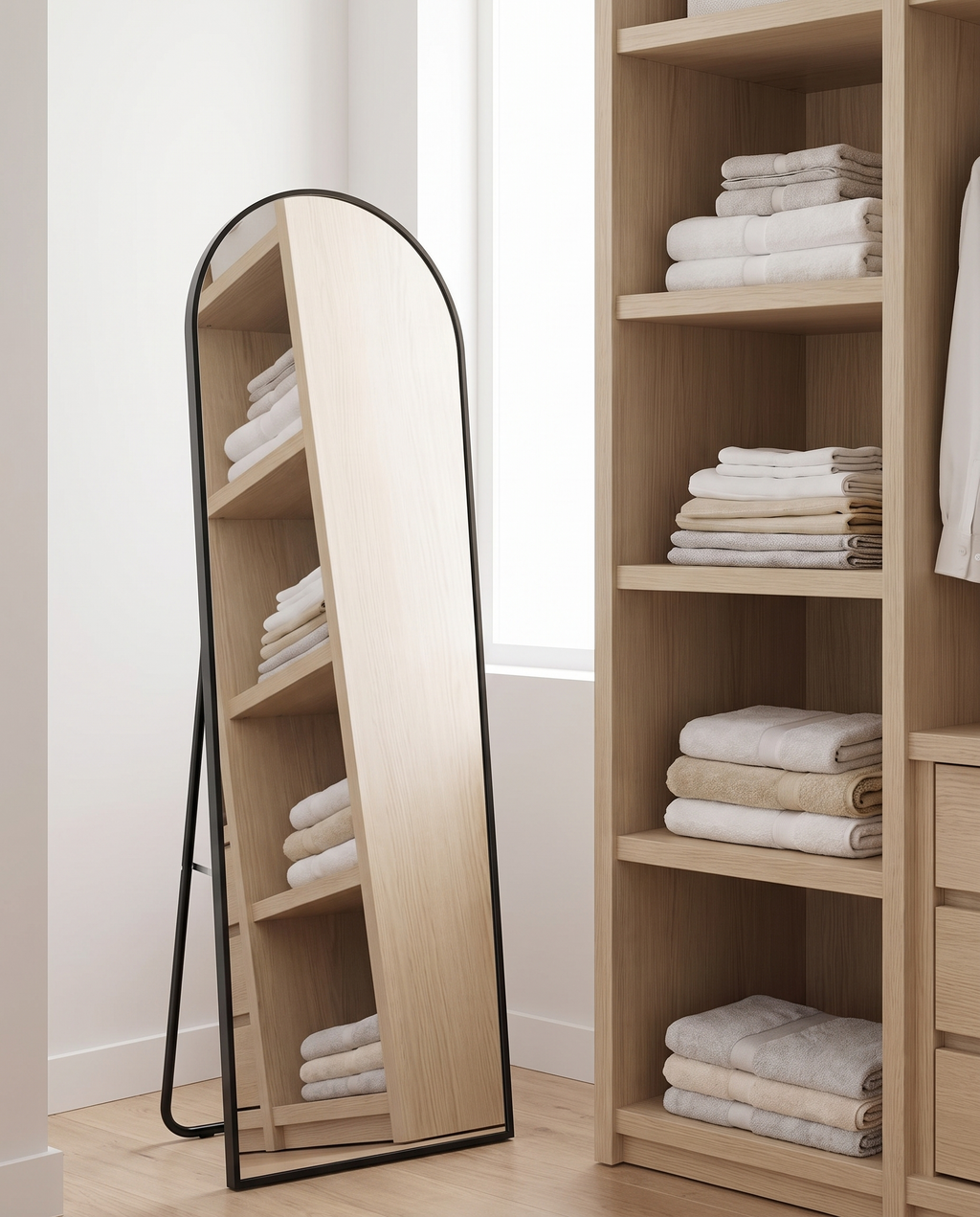 Arched Metal Full-Length Mirror, Black finish, standing in bright walk in closet