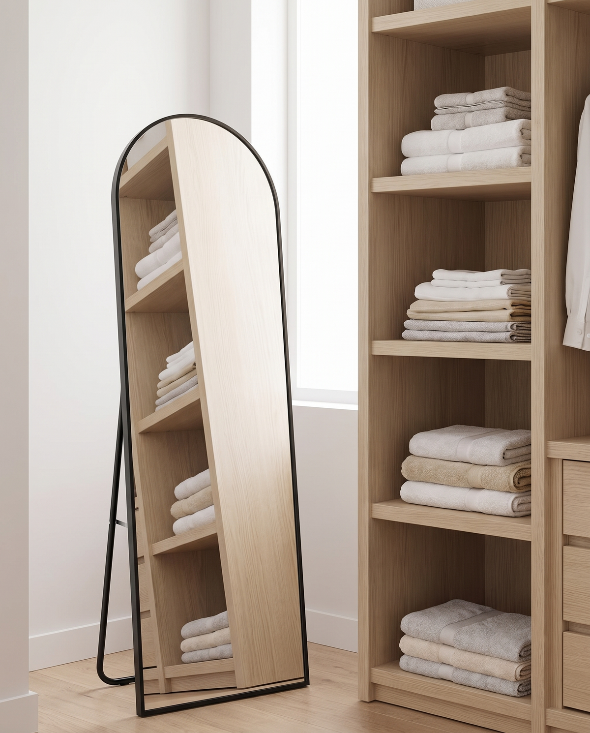 Arched Metal Full-Length Mirror, Black finish, standing in bright walk in closet