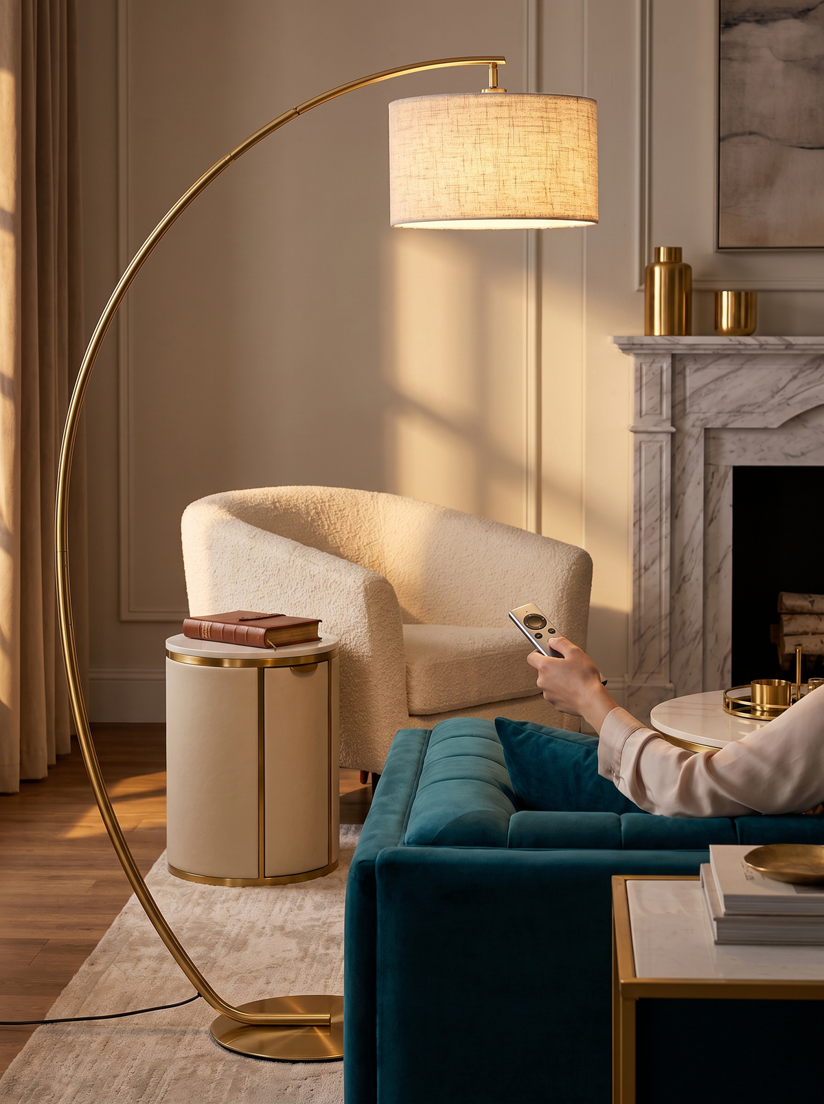 Gold arched floor lamp remote control brightness adjustment