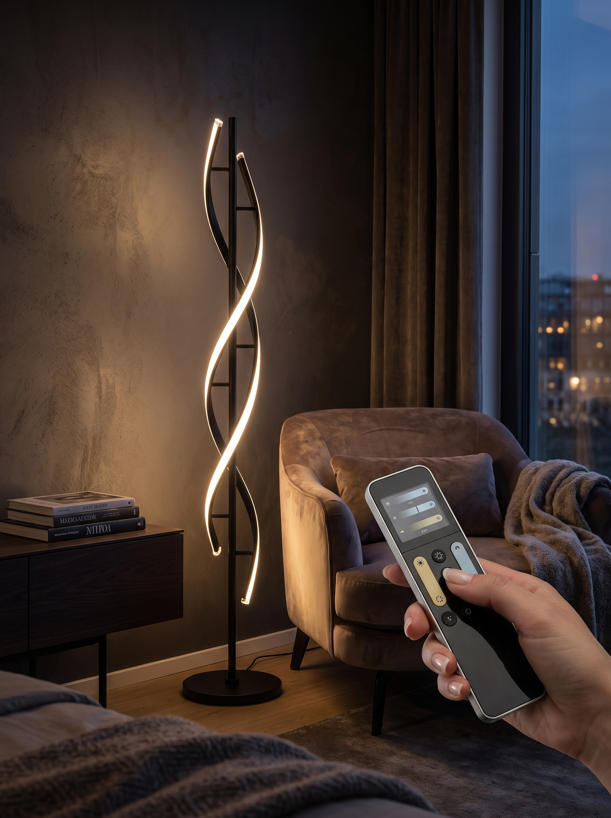 Spiral LED floor lamp remote control brightness and color adjustment