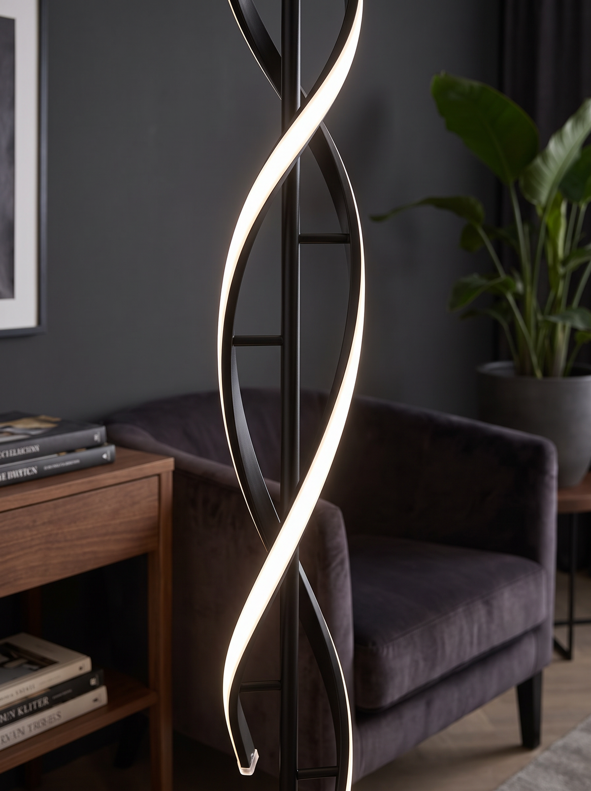 Spiral LED floor lamp twisting silhouette close up with soft light