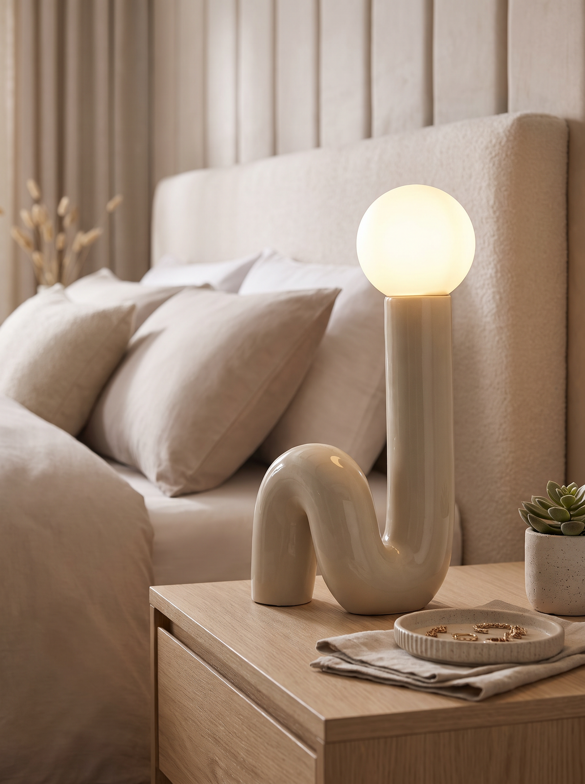 Katya ceramic spiral LED table lamp base and frosted globe close up