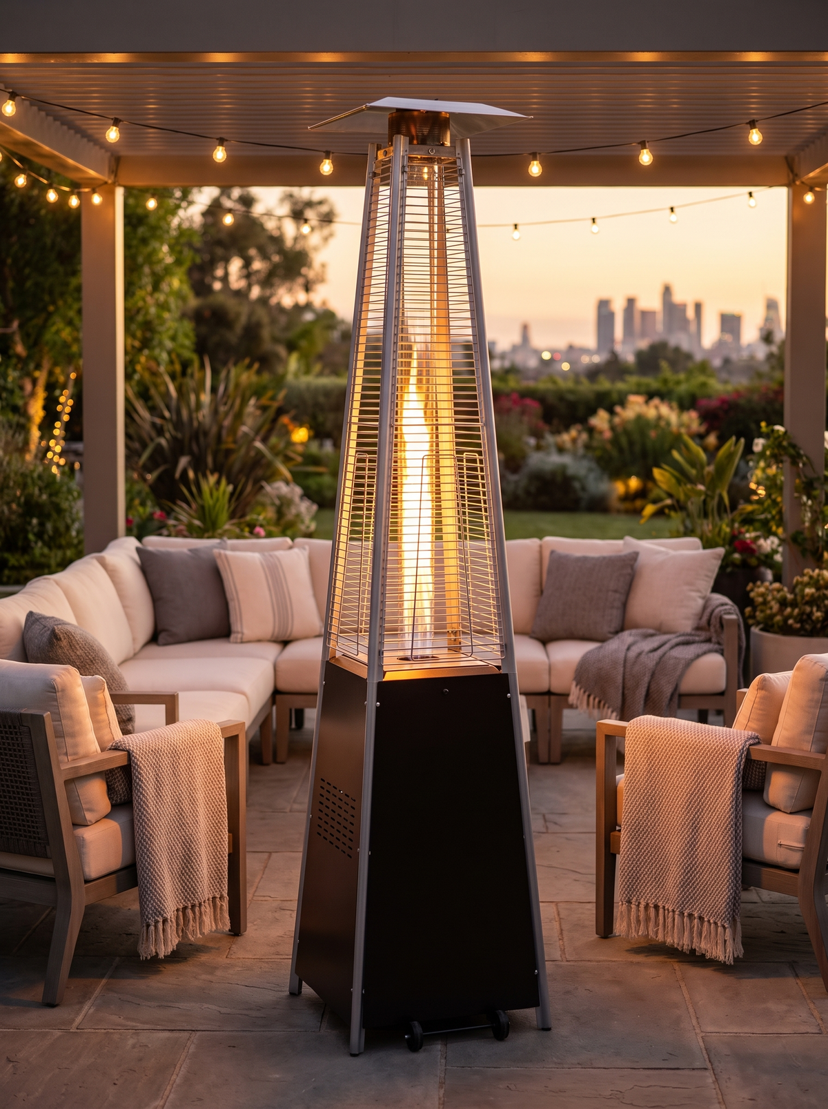 Pyramid propane patio heater glowing at dusk on a luxurious outdoor patio