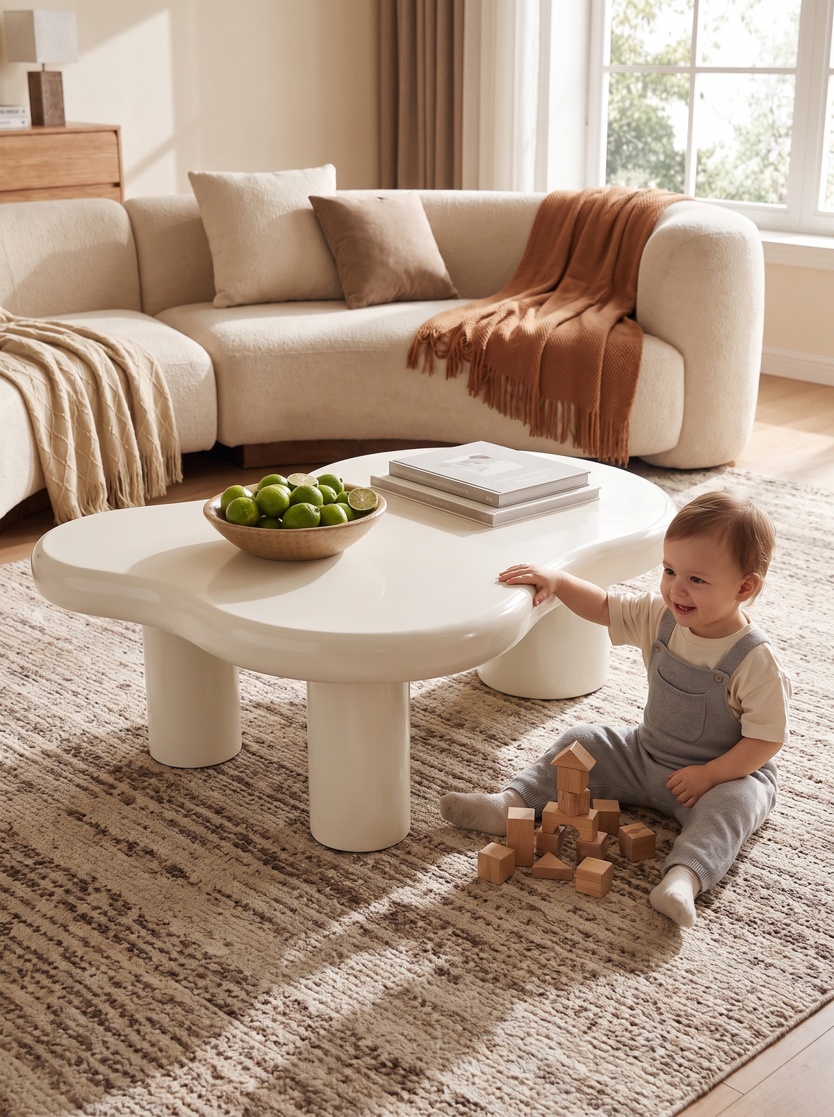 Nordic Cloud Coffee Table with toddler nearby showing rounded safe edges